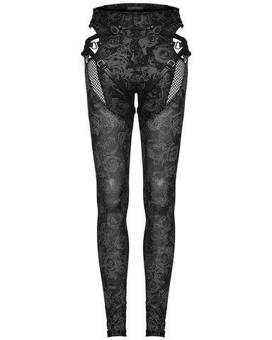 Punk Rave Daily Life Dark Punk Rose Mesh Strapping Leggings