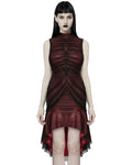 Punk Rave Dark Gothic Coffin Stone Fishnet Ruching Dress - Red & Black
