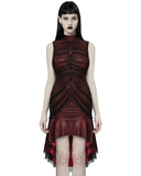 Punk Rave Dark Gothic Coffin Stone Fishnet Ruching Dress - Red & Black