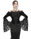 Eva Lady Dark Devore Gothic Velvet & Flocked Mesh Off Shoulder Top - Black