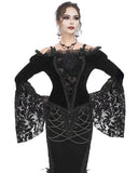 Eva Lady Dark Devore Gothic Velvet & Flocked Mesh Off Shoulder Top - Black