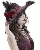 Devil Fashion Womens Baroque Gothic Rose Wide Brim Mourning Hat - Red & Black