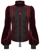 Punk Rave Womens Elegant Gothic Striped Velvet & Lace Applique Blouse Top - Red