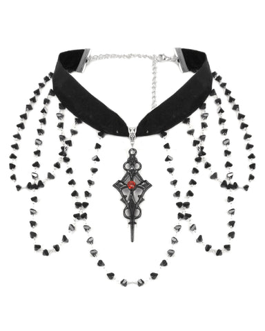 Dark In Love Womens Gothic Crucific Beaded Choker Necklace - Black & Red