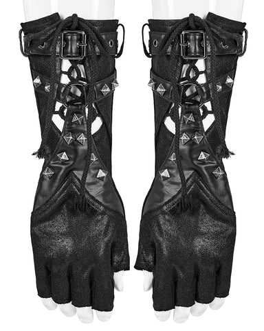 Punk Rave Mens Apocalyptic Gothic Studded Lace Up Fingerless Gauntlet Gloves