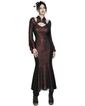 Punk Rave Womens Long Gothic Fitted Maxi Dress With Mesh Contrast - Red & Black