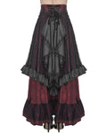 Devil Fashion Womens Long Gothic Jacquard & Lace Bustle Maxi Skirt - Red & Black