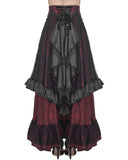 Devil Fashion Womens Long Gothic Jacquard & Lace Bustle Maxi Skirt - Red & Black