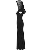 Punk Rave Womens Long Gothic Lace Hooded Ruched Maxi Dress