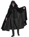 Devil Fashion Mens Long Gothic Hooded Cloak Coat Black Velvet Faux Fur Steampunk