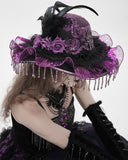 Eva Lady Womens Gothic Beaded & Feathered Wide Brim Mourning Hat - Black & Purple