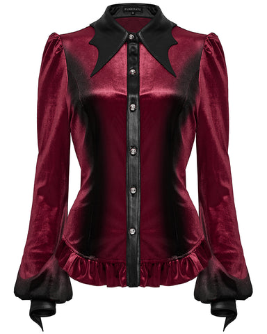 Punk Rave Daily Life Gothic Gradient Velvet Bat Collar Blouse Top - Red & Black