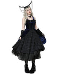 Dark In Love  Gothic Lolita Doll Layered Velvet & Lace Prom Dress - Blue & Black