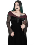 Punk Rave Plus Size Womens Gothic Witch Off Shoulder Velvet Maxi Dress - Black & Red