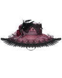 Devil Fashion Womens Baroque Gothic Rose Wide Brim Mourning Hat - Red & Black