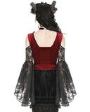 Dark In Love Womens Dark Elegant Gothic Velvet & Lace Applique Blouse Top - Red & Black