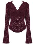Punk Rave Womens Elegant Floral Lace V-Neck Top - Red