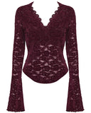 Punk Rave Womens Elegant Floral Lace V-Neck Top - Red