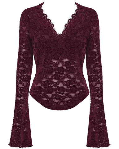 Punk Rave Womens Elegant Floral Lace V-Neck Top - Red
