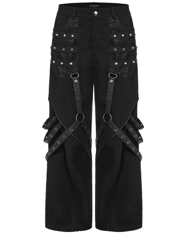 Punk Rave Mens Gothic Punk Grunge Wide Leg Mesh Panelled Strapping Pants Black