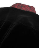 Dark In Love Womens Gothic Velvet & Jacquard Faux Two-Piece Tail Coat Frock Jacket - Black & Red