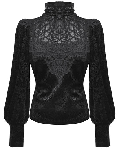 Dark In Love Womens Gothic Baroque Jacquard Velvet Lace Applique Blouse Top