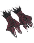 Eva Lady Dark Devore Baroque Gothic Velvet Beaded Cuff Gloves - Black & Red