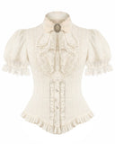 Dark In Love Womens Steampunk Gothic Puff Sleeve Blouse Top - Vintage Off-White