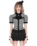 Dark In Love Womens Preppy Gothic Lolita Split Tails Cravat Blouse Top - Black & White Stripe