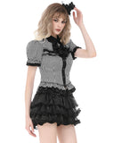 Dark In Love Womens Preppy Gothic Lolita Split Tails Cravat Blouse Top - Black & White Stripe