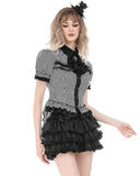 Dark In Love Womens Preppy Gothic Lolita Split Tails Cravat Blouse Top - Black & White Stripe