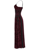 Punk Rave Daily Life Womens Long Gothic Crushed Velvet Applique Maxi Dress - Red