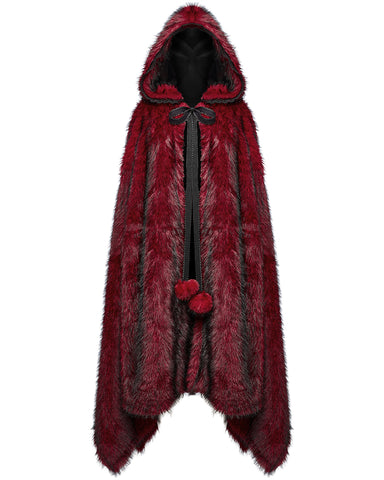 Punk Rave Womens Long Gothic Faux Fur Asymmetric Hooded Winter Cloak - Red