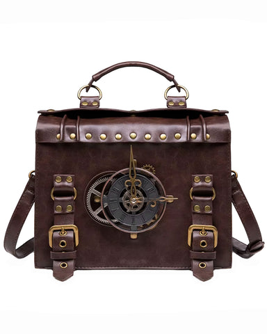 Penny Dreadful Womens Steampunk Clock Handbag Shoulder Bag Brown Faux Leather