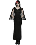 Punk Rave Womens Long Gothic Lace Hooded Ruched Maxi Dress