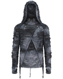 Devil Fashion Mens Apocalyptic Wasteland Punk Shredded Hoodie Top - Grey & Black