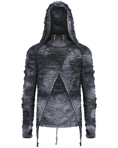 Devil Fashion Mens Apocalyptic Wasteland Punk Shredded Hoodie Top - Grey & Black