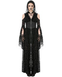 Dark In Love Womens Gothic Sorceress Sheer Floral Mesh Hooded Gown Dress
