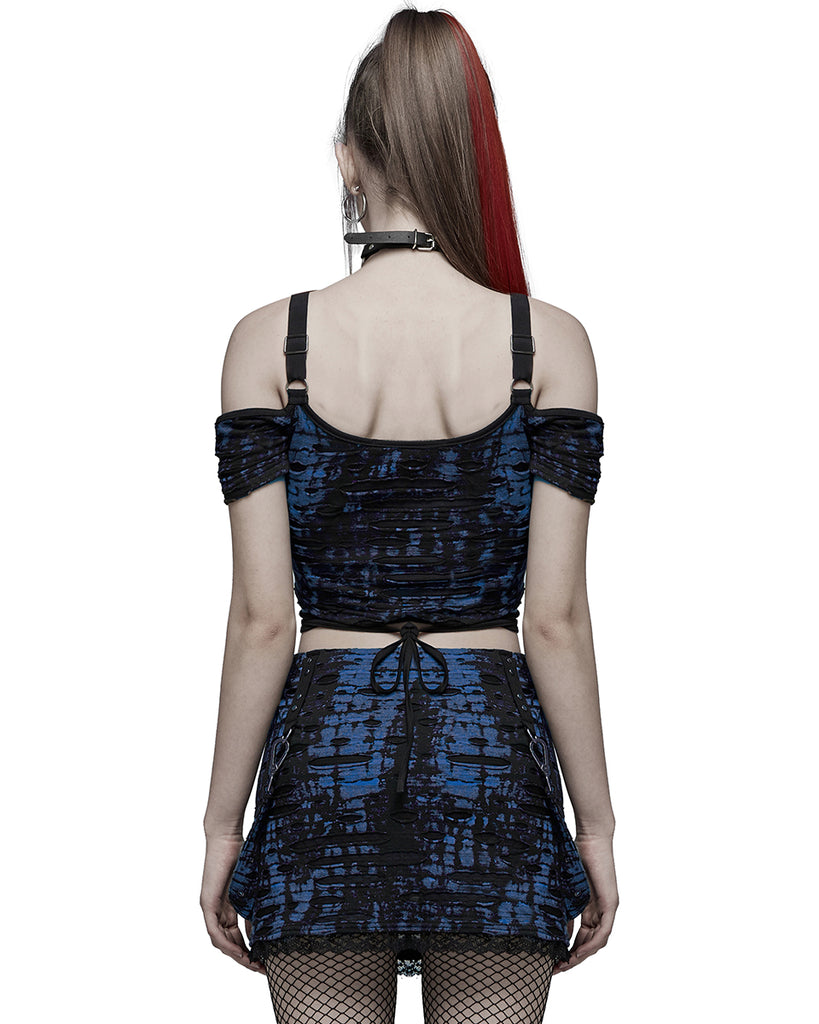 Distressed Knit Rave Punk Rave Womens Broken Knit Shredded Mesh Strapping Top - Black & Blu ...