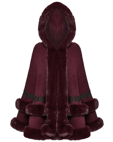 Punk Rave Daily Life Womens Plush & Faux Fur Hooded Winter Cloak - Red