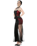 Dark In Love Womens Long Gothic Velvet & Mesh Mermaid Dress - Black & Red