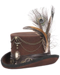 Devil Fashion Mens Steampunk Chained & Feathered Top Hat - Brown