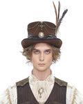 Devil Fashion Mens Steampunk Chained & Feathered Top Hat - Brown