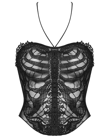 Punk Rave Womens Gothic Punk Skeleton Ribcage Lace Mesh Cami Top Tank Vest Black