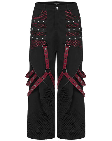 Punk Rave Mens Gothic Punk Wide Leg Mesh Panelled Pants - Black & Red