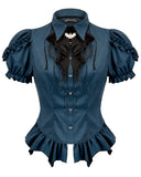 Dark In Love Womens Gothic Striped Puff-Sleeve Blouse Top & Bat Cravat - Blue