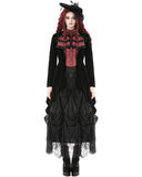 Dark In Love Womens Gothic Velvet & Jacquard Faux Two-Piece Tail Coat Frock Jacket - Black & Red