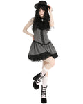 Dark In Love Dark Preppy Corporate Gothic Lace Cravat Pinstripe Mini Dress - Grey & Black