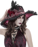 Devil Fashion Womens Baroque Gothic Rose Wide Brim Mourning Hat - Red & Black