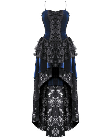 Dark In Love Womens Gothic Lolita Velvet & Lace Fishtail Prom Dress - Blue & Black